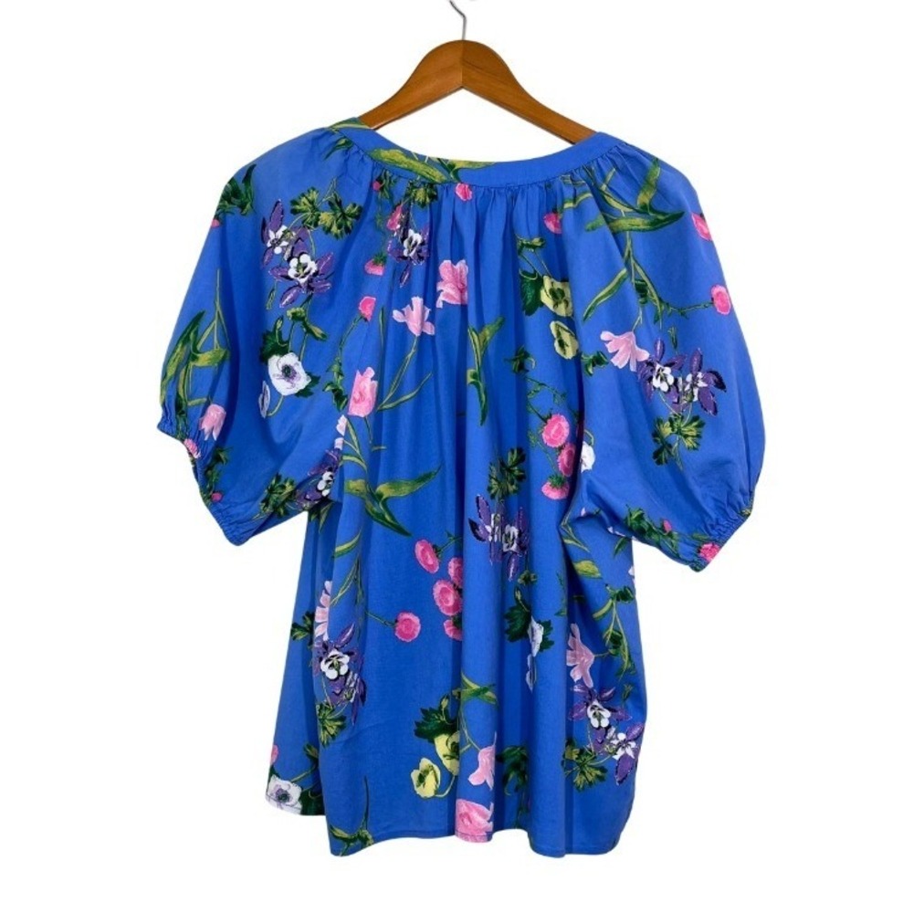 LOFT Blue Floral Tie-Neck Puff-Sleeve Blouse - Picture 6 of 9